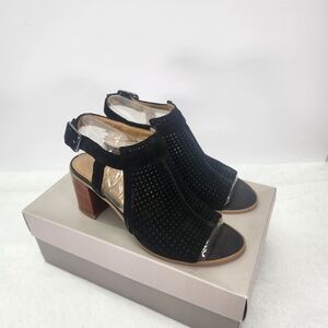 Franco Sarto Black  Harlet 2 Perforated Suede Leather block Heel Sandals 6.5M